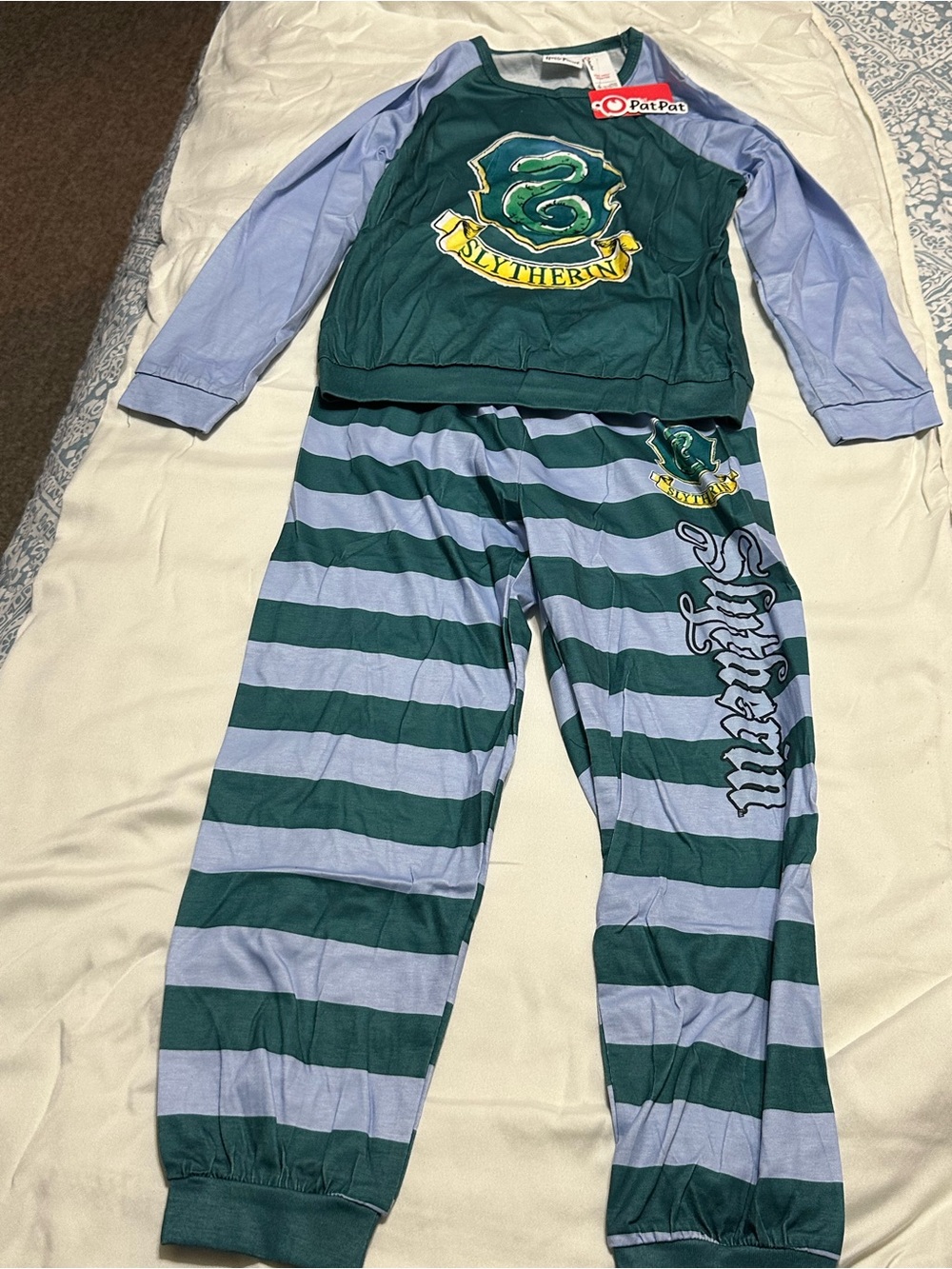 PatPat Green & Light Blue Slytherin Stripe Kids Pajama Set